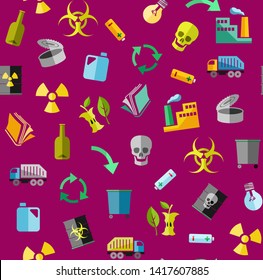 Waste collection and disposal, seamless pattern, purple, color, vector. Garbage collection, different types of waste. Vector, seamless background. Colored, flat icons on plum background. 