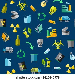 Waste collection and disposal, seamless pattern, blue, color, vector. Garbage collection, different types of waste. Vector, seamless background. Colored, flat icons on a blue background. 