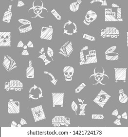 Waste collection and disposal, seamless pattern, gray, pencil shading, vector. Garbage collection, different types of waste. Vector, seamless background. Imitation of pencil hatching.  