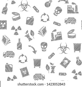 Waste collection and disposal, seamless pattern, pencil hatching, white, gray, vector. Garbage collection, different types of waste. Vector, seamless background. Imitation of pencil hatching.  