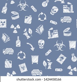 Waste collection and disposal, seamless pattern, blue, pencil hatching, vector. Garbage collection, different types of waste. Vector, seamless background. Imitation of pencil hatching. 