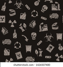 Waste collection and disposal, seamless pattern, pencil hatching, black, color, vector. Garbage collection, different types of waste. Vector, seamless background.  
