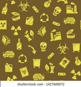 Waste collection and disposal, seamless pattern, pencil hatching, brown, color, vector. Garbage collection, different types of waste. Vector, seamless background. Imitation of pencil hatching. 