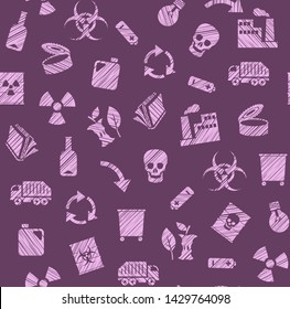 Waste collection and disposal, seamless pattern, pencil hatching, purple, color, vector. Garbage collection, different types of waste. Vector, seamless background. Imitation of pencil hatching.  