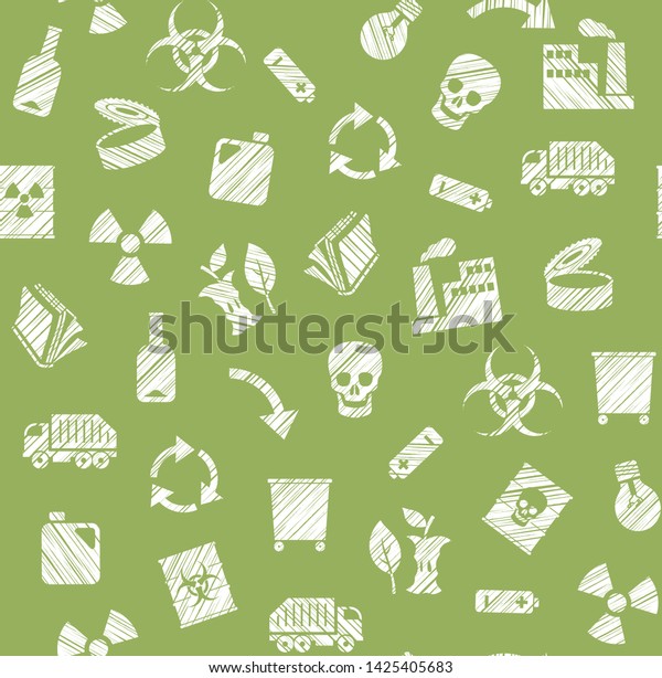 Waste collection and disposal, seamless pattern, green,\
pencil hatching, vector. Garbage collection, different types of\
waste. Vector, seamless background. Imitation of pencil hatching. \
