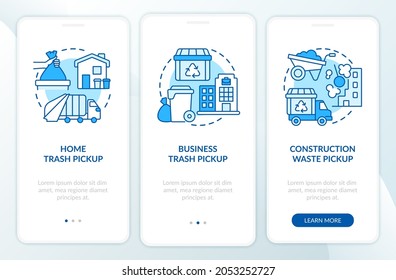 Waste collection and pickup blue onboarding mobile app page screen. Trash management walkthrough 3 steps graphic instructions with concepts. UI, UX, GUI vector template with linear color illustrations