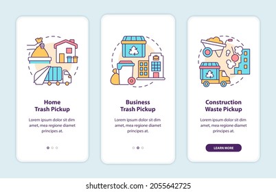 Waste collection and pickup onboarding mobile app page screen. Garbage management walkthrough 3 steps graphic instructions with concepts. UI, UX, GUI vector template with linear color illustrations