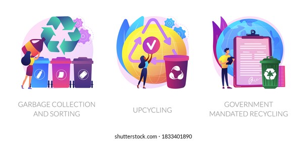 Waste collection and recycling problems abstract concept vector illustration set. Garbage sorting, upcycling, government mandated recycling, household disposal, creative reuse abstract metaphor.