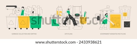 Waste collection and recycling problems abstract concept vector illustration set. Garbage sorting, upcycling, government mandated recycling, household disposal, creative reuse abstract metaphor.