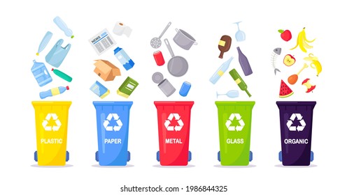 Waste collection, segregation and recycling. Garbage separated into different types and collected into waste containers. Each bin for different material. Vector illustration