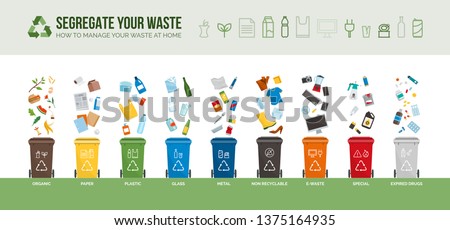 Waste collection, segregation and recycling infographic: garbage separated into different types and collected into  waste containers, each bin holds a different material Foto stock © 