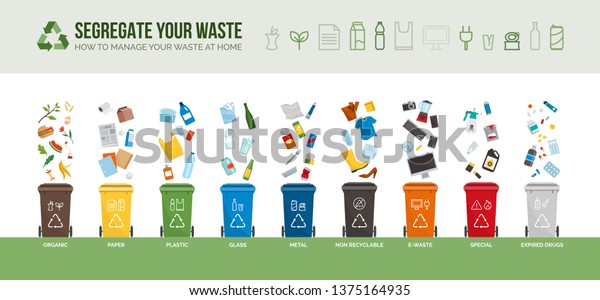 Waste\
collection, segregation and recycling infographic: garbage\
separated into different types and collected into  waste\
containers, each bin holds a different\
material