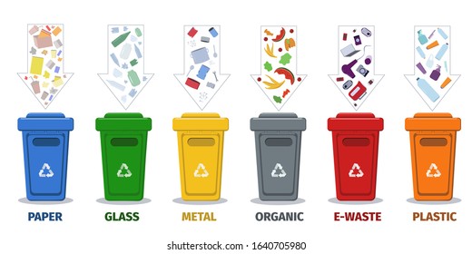 Waste collection, segregation, recycling. Separating garbage into different containers. Waste management concept with different bins. Vector illustration with isolated elements in flat style. Stock.