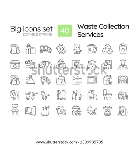 Waste collection services linear icons set. Trash removal. Garbage sorting. Environmentally friendly. Customizable thin line symbols. Isolated vector outline illustrations. Editable stroke