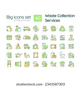 Waste collection services RGB color icons set. Trash removal. Garbage sorting. Refuse truck. Eco friendly. Isolated vector illustrations. Simple filled line drawings collection. Editable stroke