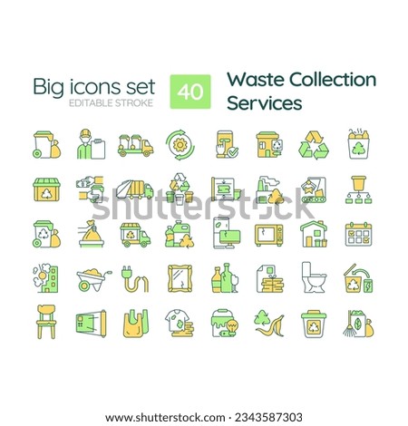 Waste collection services RGB color icons set. Trash removal. Garbage sorting. Refuse truck. Eco friendly. Isolated vector illustrations. Simple filled line drawings collection. Editable stroke
