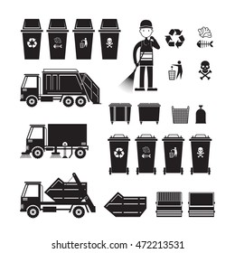 Waste Collection, Truck, Bin, Dumpster, Sweeper, Symbol Object Silhouette Set