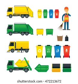 Waste Collection, Truck, Bin, Dumpster, Sweeper, Symbol Object Colorful Set