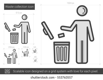Icono de línea vectorial de recolección de residuos aislado en fondo blanco. Icono de línea de recogida de residuos para infografía, sitio web o aplicación. Icono escalable diseñado en un sistema de cuadrícula.