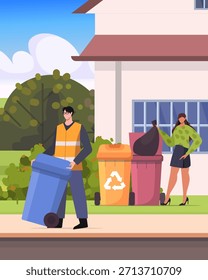 Un recolector de residuos está retirando un contenedor de basura de delante del edificio. Una mujer tira una bolsa de basura cerca de su casa. Vector No generado por IA