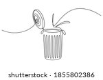 Waste container in continuous line art drawing style. Arrow is pointing garbage can to remind people to dispose of trash in a bin. Minimalist black linear sketch isolated on white background