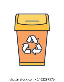 Waste container, dustbin, trash or garbage can isolated on white background. Bin for rubbish or litter collection with recycling symbol. Colorful vector illustration in modern line art style.