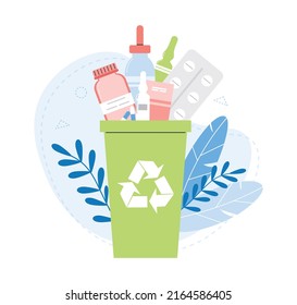 Waste container for expired medicines. Separate waste collection. Drugs in trash can. Trash can on background of leaves. Separate recycling concept. Garbage bin on background of leaves.