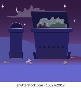 Waste containers with rubbish all around. Dark night landscape in blue and purple. Flat cartoon vector illustration. Cans with wheels. Pollution and sanitary concept. Litter gathering. Moon, stars.