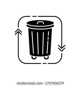 Waste disposal black glyph icon. Recycle garbage. Reduce trash. Junk management and separation. Environmental pollution. Silhouette symbol on white space. Vector isolated illustration