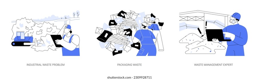 Waste disposal factory abstract concept vector illustration set. Industrial garbage problem, packaging rubbish, waste management expert, trash reducing, recycling and reuse abstract metaphor.