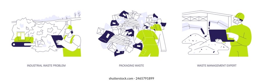 Waste disposal factory abstract concept vector illustration set. Industrial garbage problem, packaging rubbish, waste management expert, trash reducing, recycling and reuse abstract metaphor.