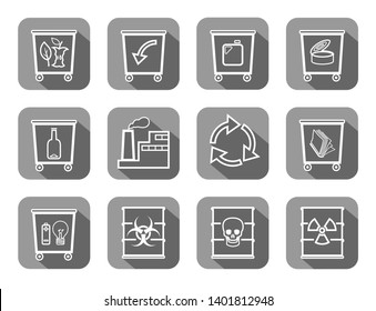 Waste disposal, flat icons, thin outline, vector. Garbage collection, different types of waste. White, contoured icons on grey background with shadow. Flat icons.  