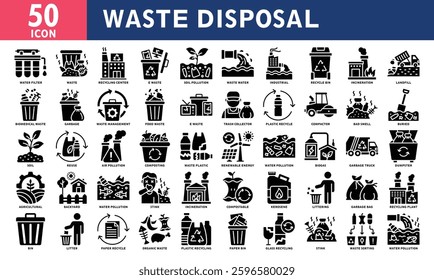 Waste Disposal Icon Set Collection. Simple Black Glyph Vector.