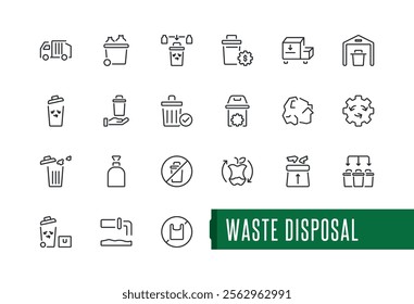 Waste Disposal icon set. Contains related to material, can, pollution, waste sorting, recycling, renewable and more. Thin minimalist linear style icons. Vector illustration.