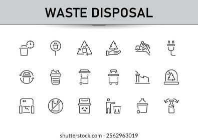 Waste Disposal icon set. Contains related to material, can, pollution, waste sorting, recycling, renewable and more. Thin minimalist linear style icons. Vector illustration.