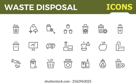 Waste Disposal icon set. Contains related to material, can, pollution, waste sorting, recycling, renewable and more. Thin minimalist linear style icons. Vector illustration.