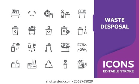 Waste Disposal icon set. Contains related to material, can, pollution, waste sorting, recycling, renewable and more. Thin minimalist linear style icons. Vector illustration.