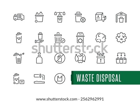 Waste Disposal icon set. Contains related to material, can, pollution, waste sorting, recycling, renewable and more. Thin minimalist linear style icons. Vector illustration.