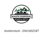 Waste disposal logo design septic tank construction services vector illustration rounded badge shape. With excavator element.
