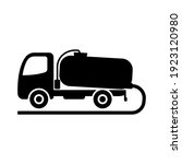 Waste disposal machine icon. Vacuum truck. Black silhouette. Side view. Vector flat graphic illustration. The isolated object on a white background. Isolate.