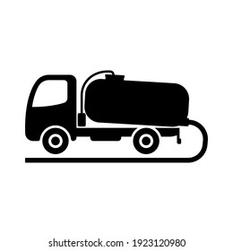 Waste disposal machine icon. Vacuum truck. Black silhouette. Side view. Vector flat graphic illustration. The isolated object on a white background. Isolate.