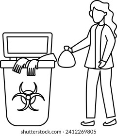 Waste Disposal Management Service Concept, Biohazardous through ppe Vector outline Design, Medical and Healthcare Scene Symbol,Disease Diagnostic Sign, Doctor and Patient Character Stock Illustration