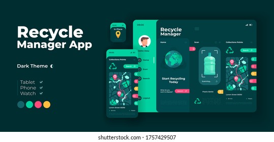 Waste disposal manager app screen vector adaptive design template. Recycling application night mode interface with flat illustrations. Waste management tips smartphone, tablet, smart watch cartoon UI