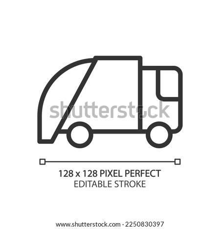 Waste disposal pixel perfect linear icon. Garbage management. Transportation of trash to landfill. Public utility. Thin line illustration. Contour symbol. Vector outline drawing. Editable stroke