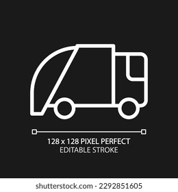 Waste disposal pixel perfect white linear icon for dark theme. Garbage management. Transportation of trash to landfill. Thin line illustration. Isolated symbol for night mode. Editable stroke