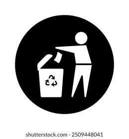 Eliminación de residuos, reciclaje de Vector Flat Icon en Black Circle. Lanza Basura, Manténgase Limpio, El Hombre Lanza Símbolo De Basura.