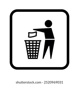 Eliminación de residuos, reciclaje de Vector Flat Icon en forma cuadrada de línea. Tire la basura, manténgase limpio, el hombre tira el símbolo de la basura para el empaquetado.	