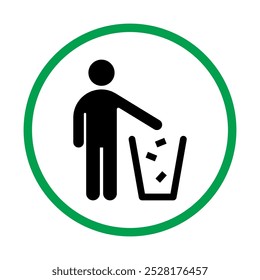 Waste Disposal, Recycling Vector Flat Icon in Green Linear Circle. Throw Garbage, Keep Clean, Man Throws Trash Symbol.	