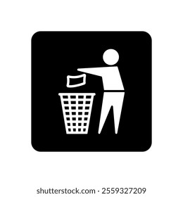 Waste Disposal, Recycling Vector Flat Icon in Black Square Geometric Shape. Throw Garbage, Keep Clean, Man Throws Trash Symbol.	