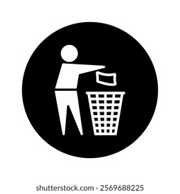 Waste Disposal, Recycling Vector Flat Icon in Black Round Geometric Shape. Throw Garbage, Keep Clean, Man Throws Trash Symbol in Circle.	